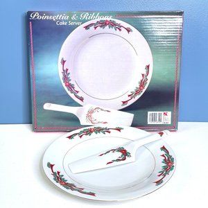Vintage NEW Fairfield‎ Porcelain, Poinsettias & Ribbon, cake plate with server.